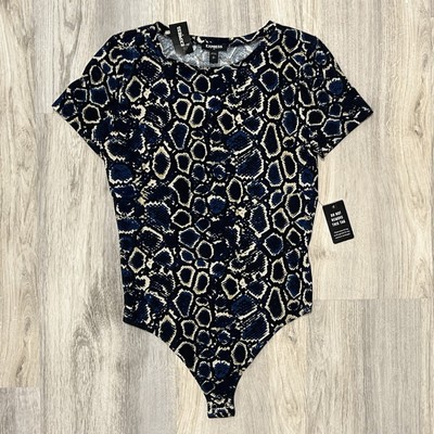 NWT Express Bodysuit Blue Snake Print Short Sleeve Casual Snap One Piece Size S