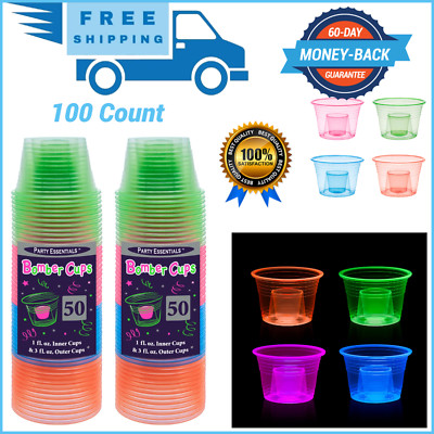 Plastic Bomber Cups Jager Bomb Party Shot Glasses Disposable Neon Pack 100 COUNT