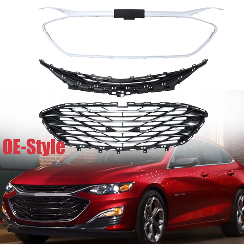 For Chevrolet Malibu 2019-2023 Front Bumper Upper Lower Grill Grille Chrome 3PCS