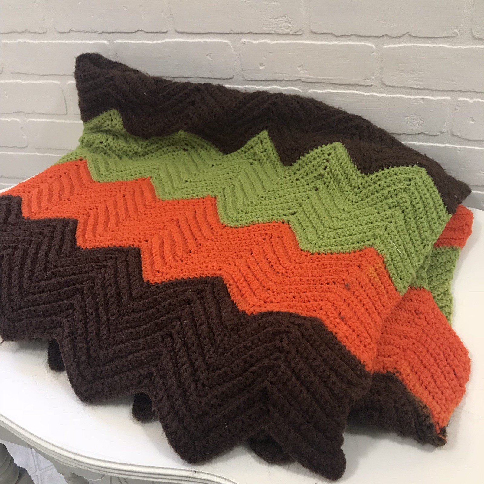 Vintage Hand Crocheted Granny Afghan Blanket Throw Orange Green Brown