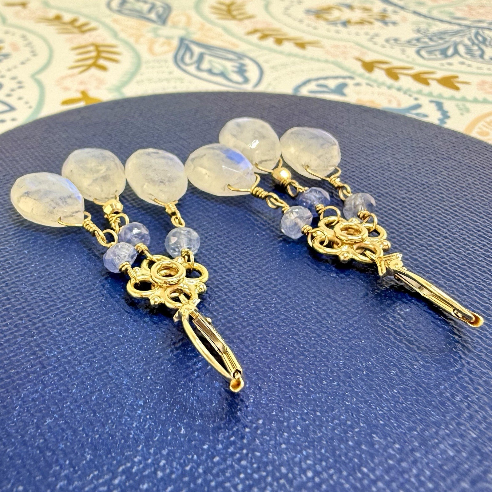 14k Yellow Gold Genuine Rainbow Moonstone and Sapphire Chandelier Earrings, - Picture 9 of 11