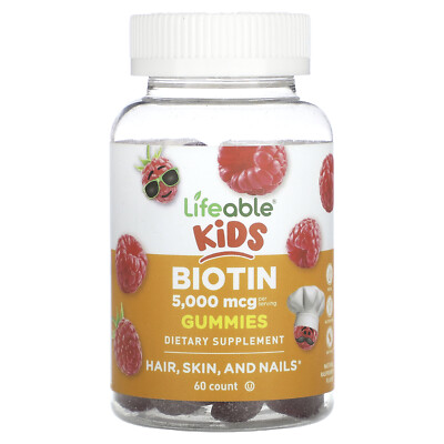 Kids Biotin Gummies, Natural Raspberry, 5,000 mcg, 60 Gummies (2,500 mcg per