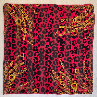 CELINE PARIS Hand Rolled LEOPARD Print Silk Scarf, 33''x33'', PERFECT CONDITION