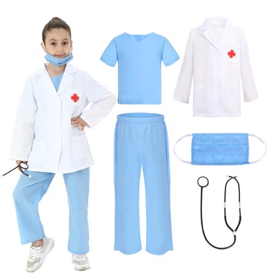 Kids Doctor Costume Doctor White Lab Coat with Blue Scrubs,stethoscope for Bo...