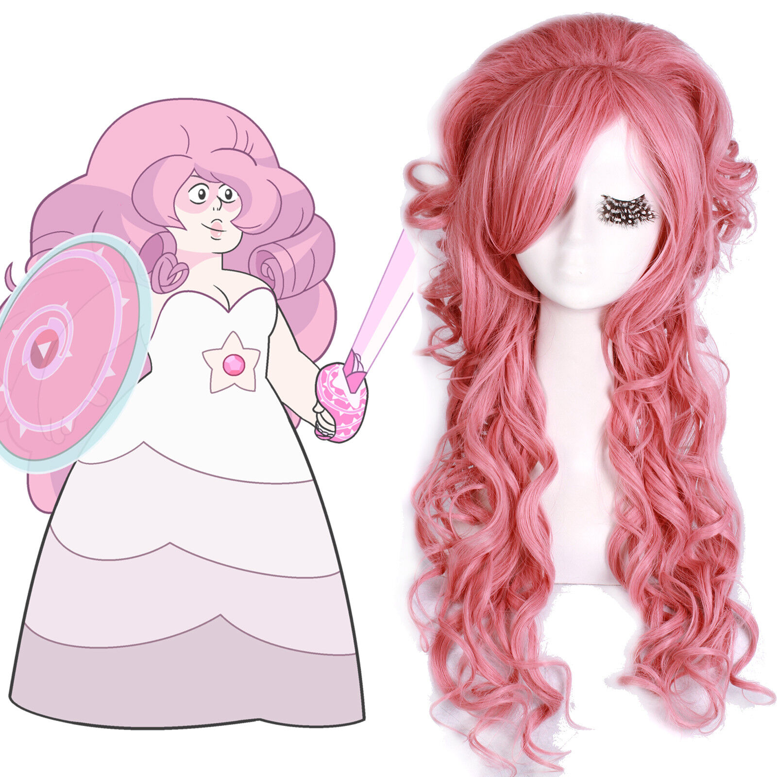 Steven Universe Rose Quartz Cosplay Wig Pink Wavy Styled Hair Long Women An...