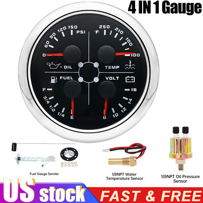 85mm 4 In 1 Multifunction Gauge Fuel Level Oil Pressure Water Temp Voltmeter US