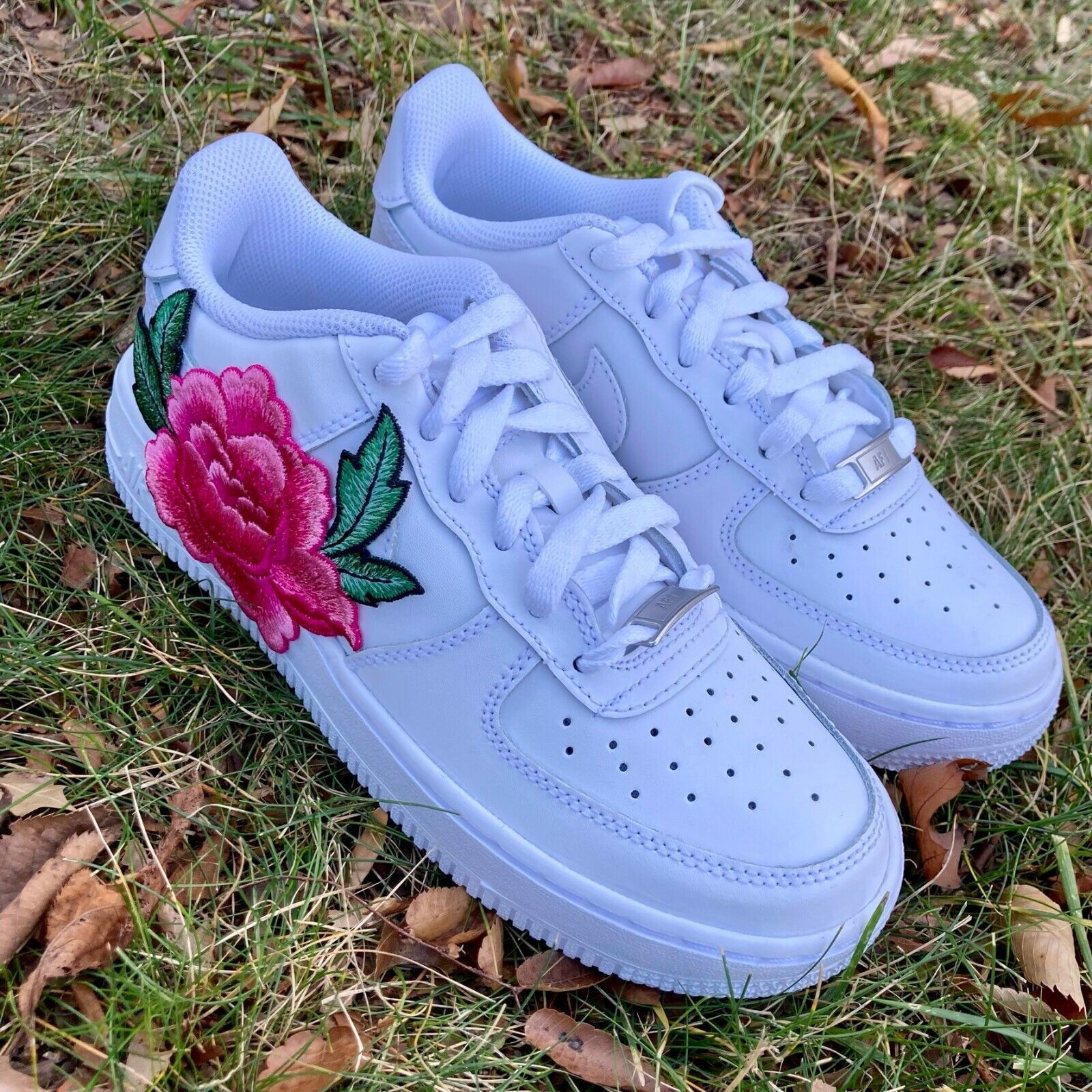 Pre-owned Nike Air Force 1 Low Custom White Shoes Pink Rose Embroidery Floral Mens Womens