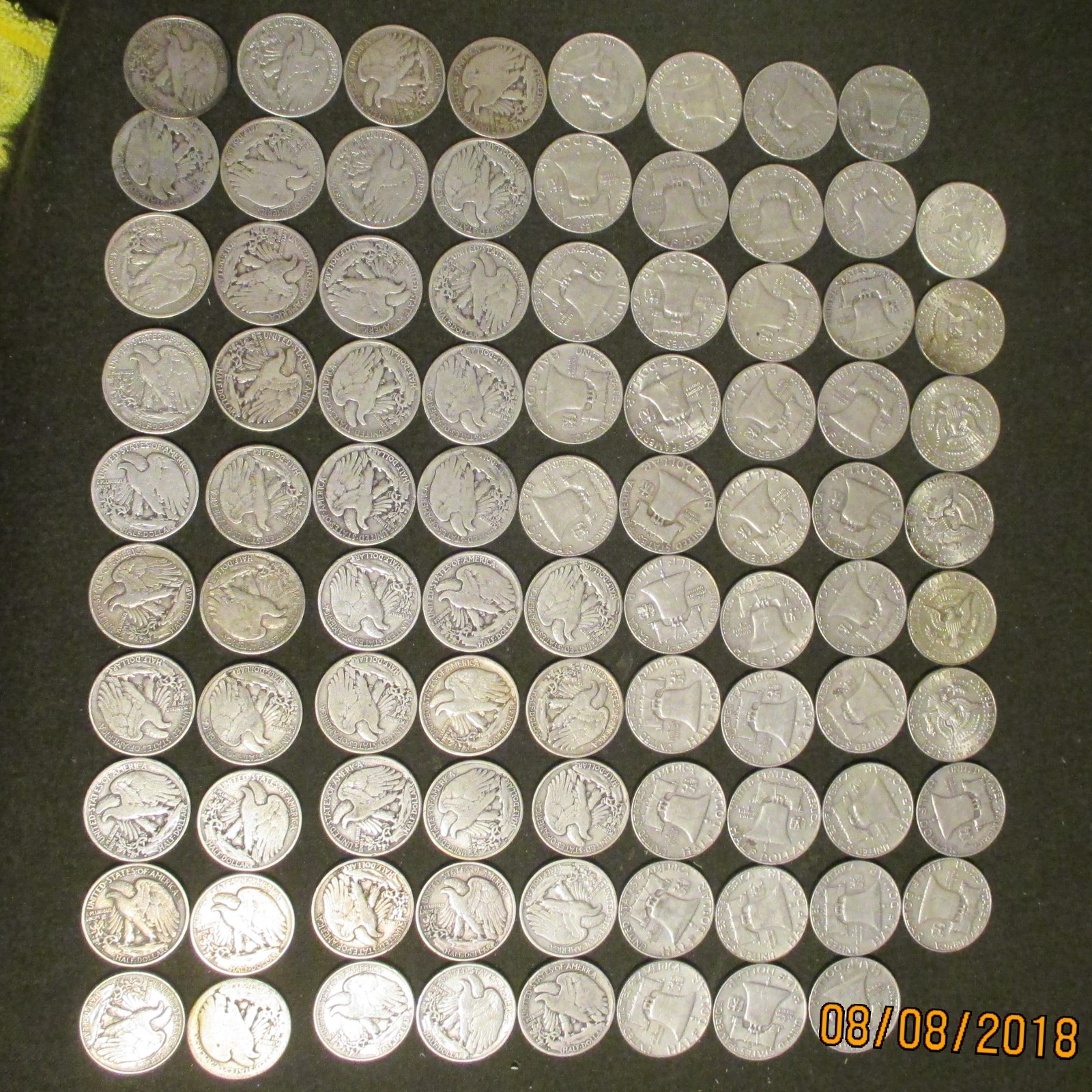 90% silver 88 half dollars  Walking Liberty 45,    Franklin 37,    Kennedy 6,