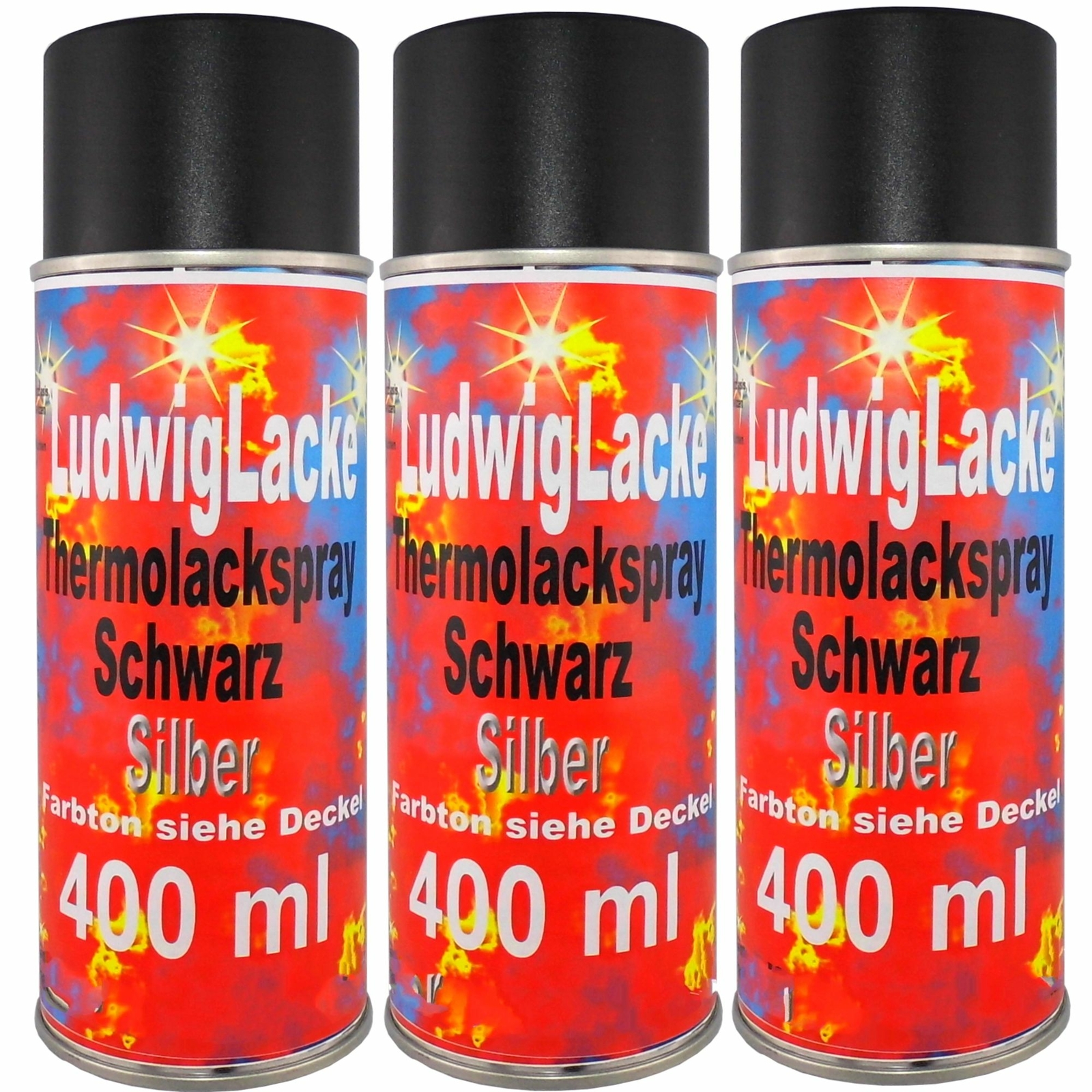 Hitzebeständige 3x Spray 400ml Schwarz bis 650'C Thermolack Spraydosen Ofenlack