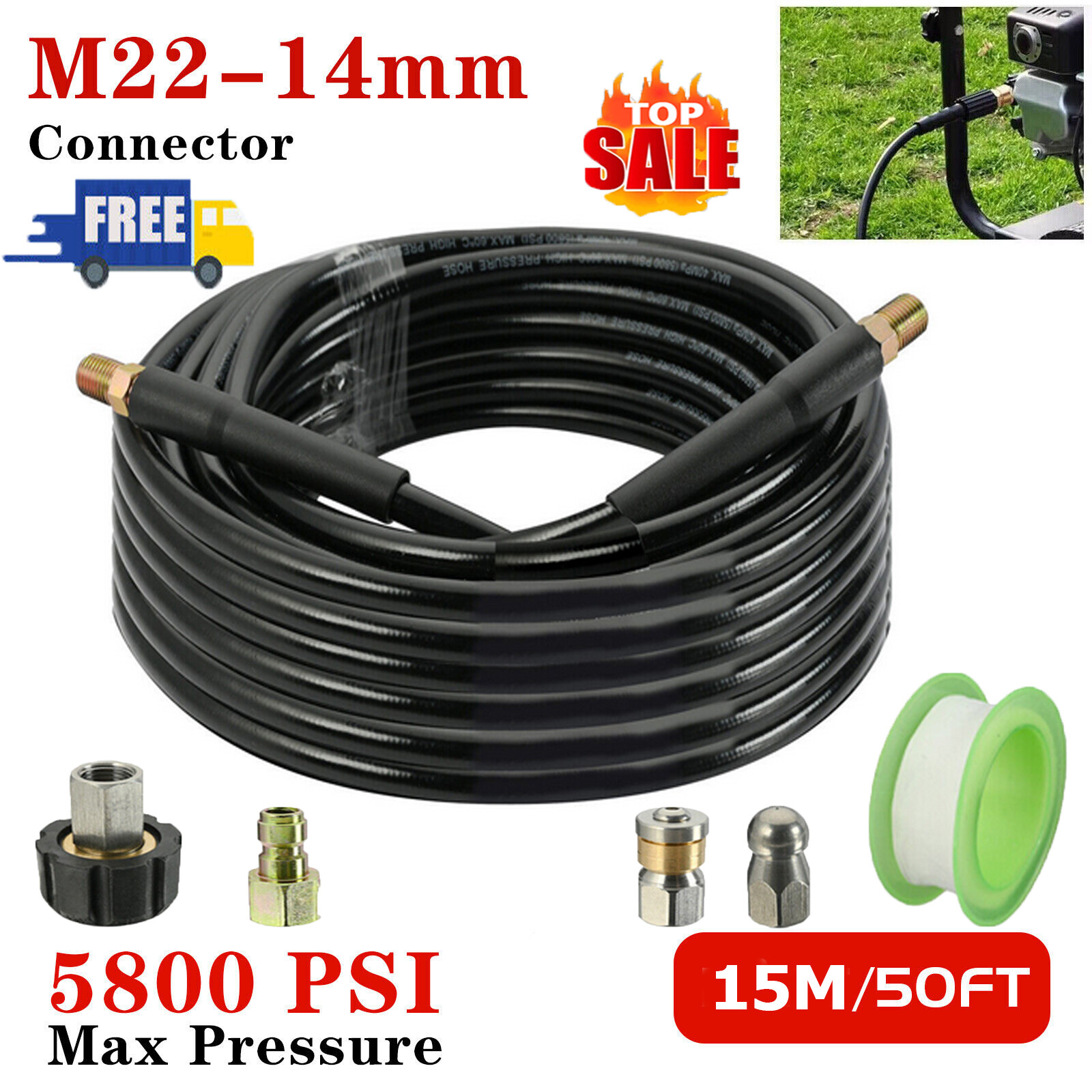 50FT Sewer Jetter Nozzle Kit 1/4"M - NPT Drain Cleaning Hose For Pressure Washer