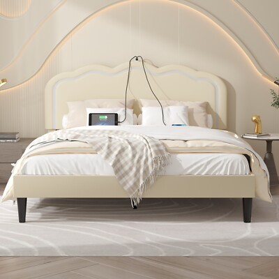 Queen Full Twin Size Bed Frame LED Light Charging Station Headboard Platform