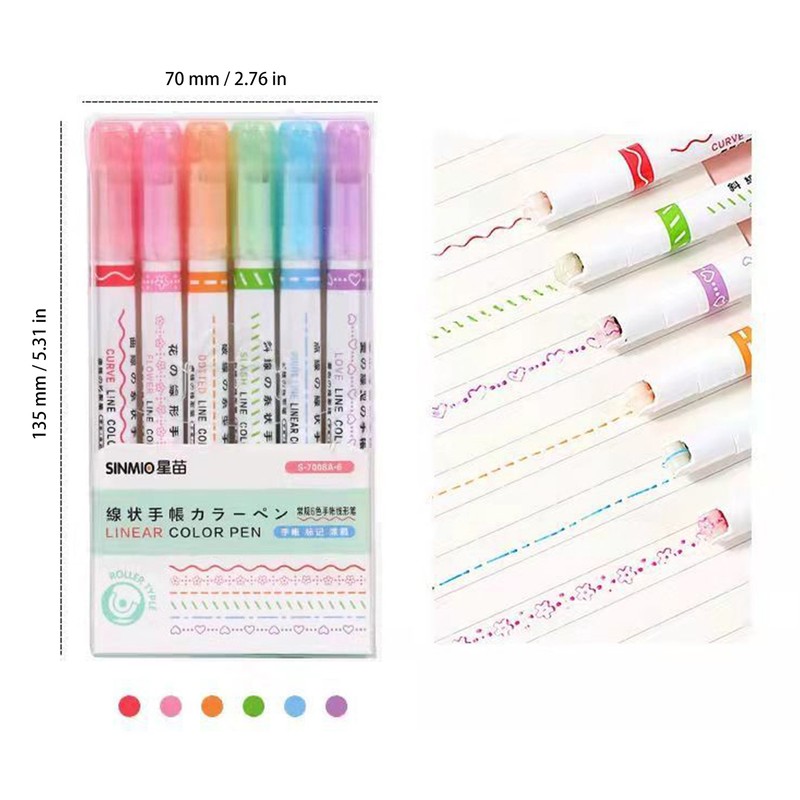 6 pcs Curve Highlighter Set with 6 Different Curve Shape Tip Pens for Journaling