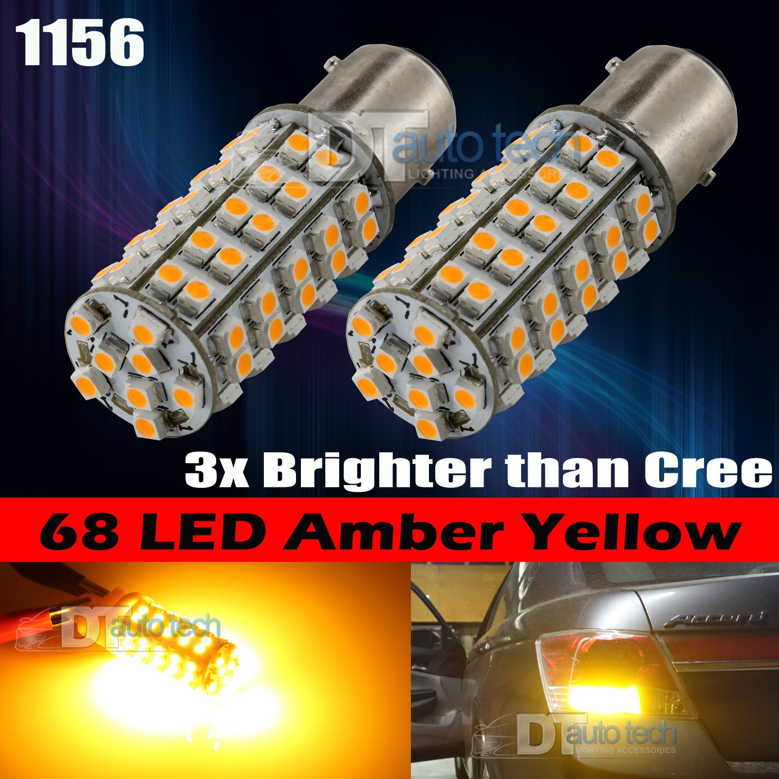 2X 7443 7440 Amber Yellow SMD 68-LED Rear Turn Signal Blinker Corner Light bulbs