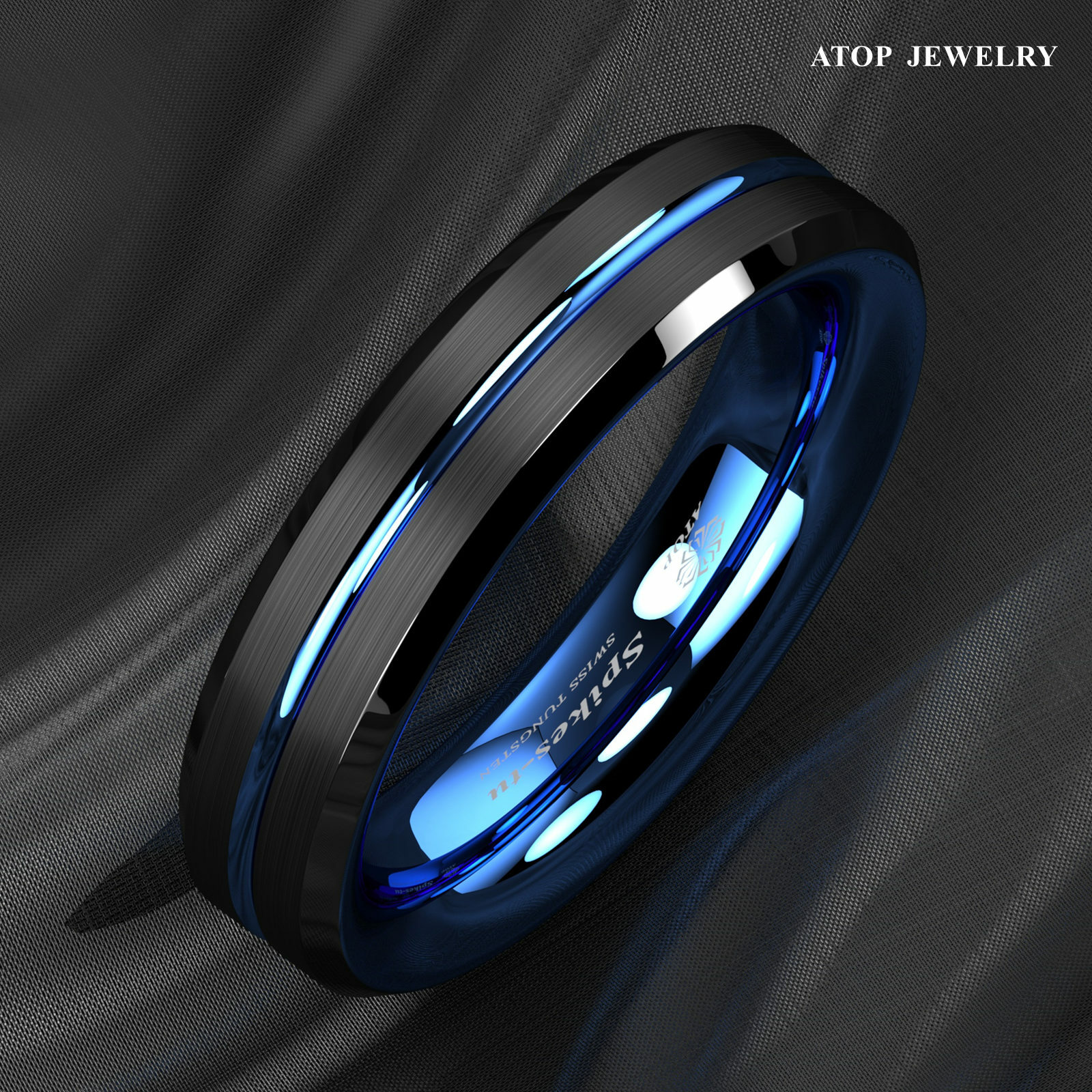 8/6mm Tungsten Men's Ring Thin Blue Line-Inside Black Brushed Band ATOP Jewelry