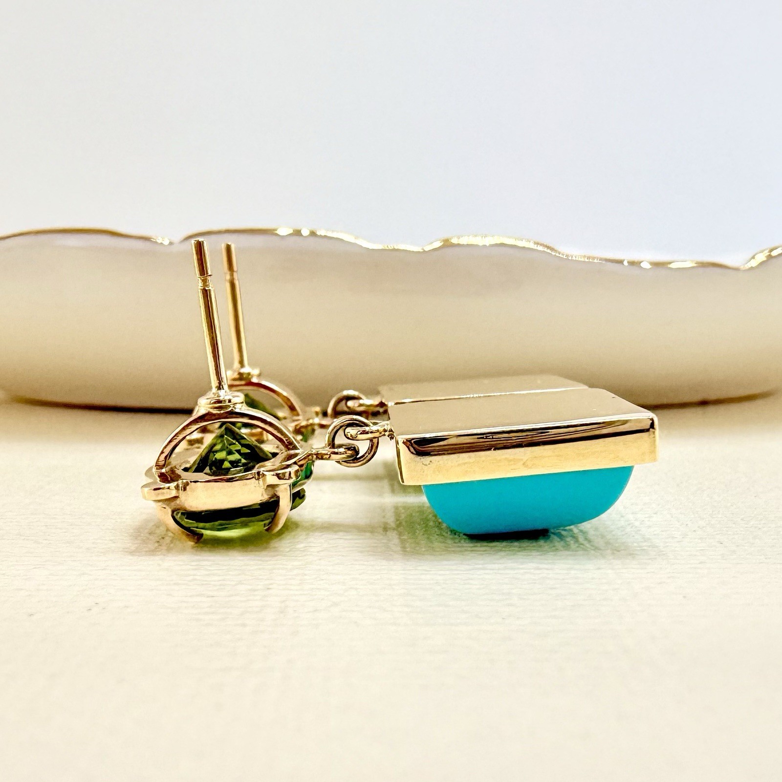 14k Yellow Gold Genuine Peridot & American Turquoise Statement Earrings, New - Picture 4 of 12