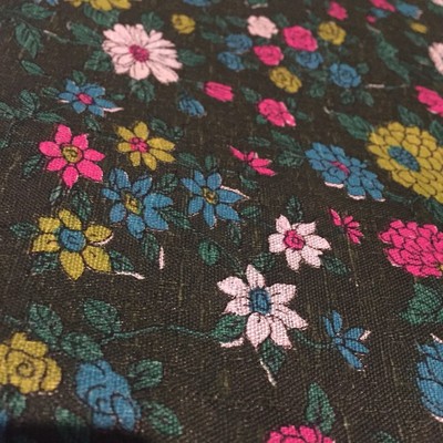 VTG Forest Green Flowers Floral Fabric White Blue Pink 45