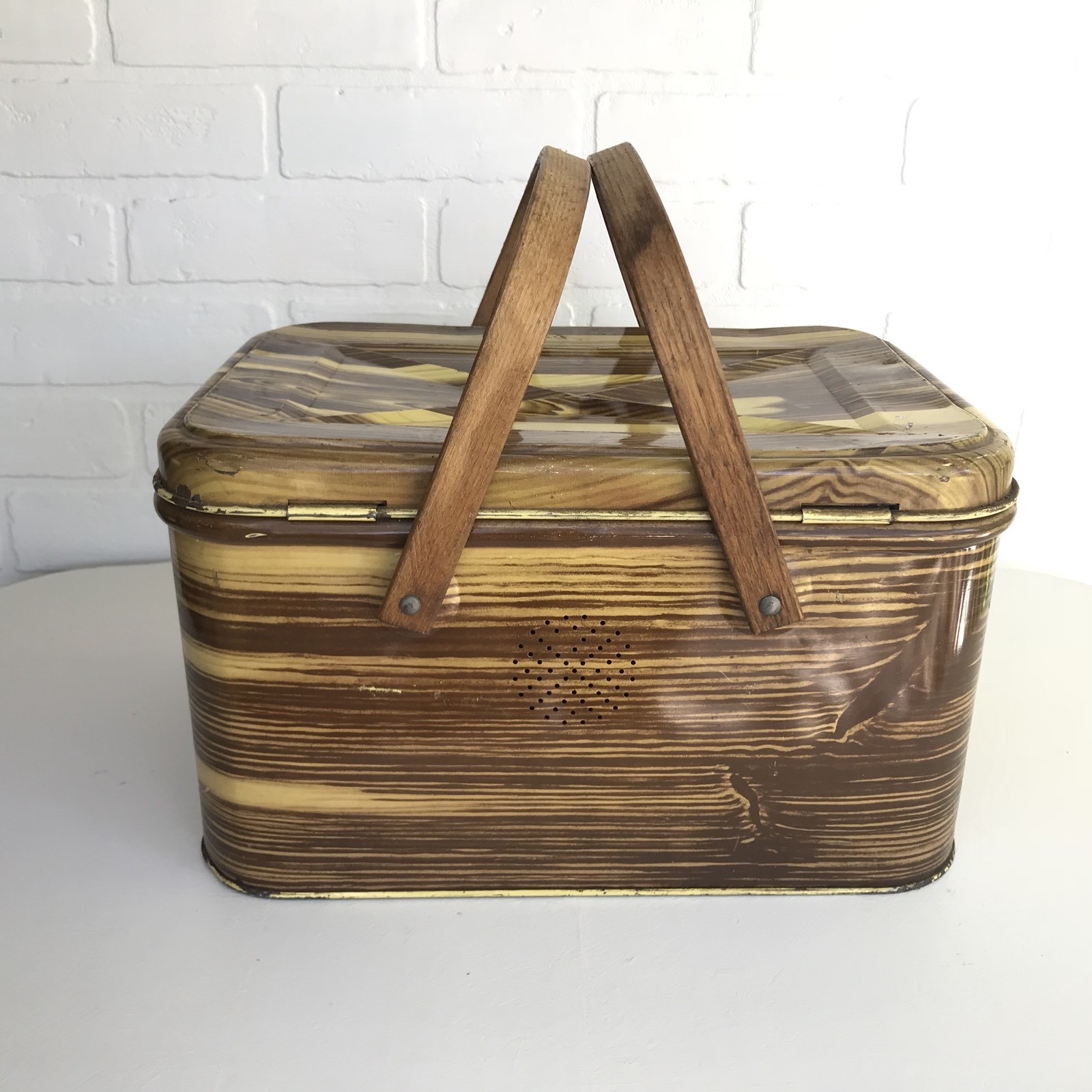 Vintage Metal Picnic Basket Wood Grain Pattern Hinged Lid Wooden Handles