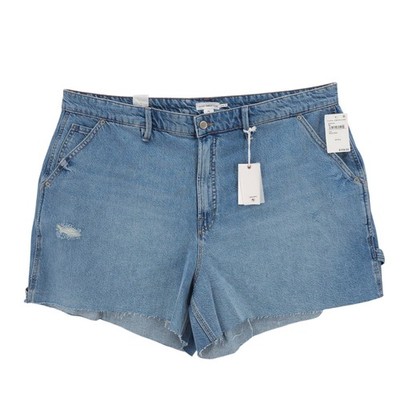 NWT GOOD AMERICAN Carpenter Denim Shorts Distressed Indigo Blue Size 20