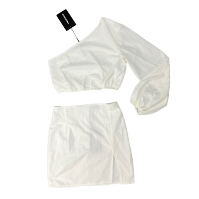 Pretty Little Thing 2 Pc One Shoulder Crop Top Skirt Set Womens 4 White Woven