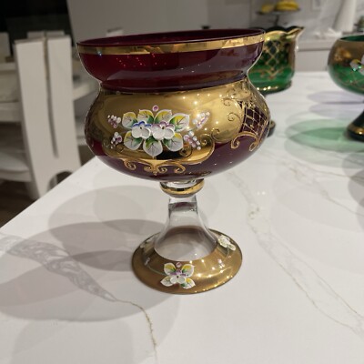 Czech Vintage Bohemian Glass Candy/Nut Vase 24K Gold Hand Painted Burgundy Red