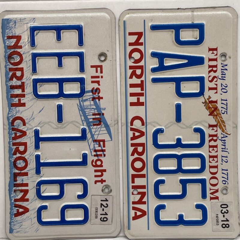 North Carolina License Plate Lot of Two 2 Plates Expired 2018, 2019 First Flight