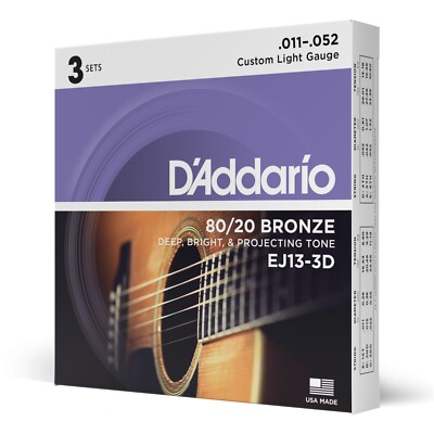D Addario EJ13 CUSTOM LIGHT 80/20 Bronze 11-52 Acoustic Guitar Strings EJ13-3D