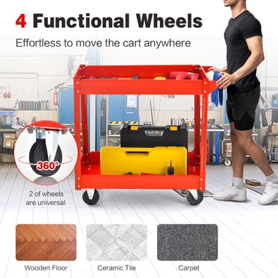 2-Tier Utility Cart Heavy-Duty Metal Frame Service Tool Cart w/ Handle Garage