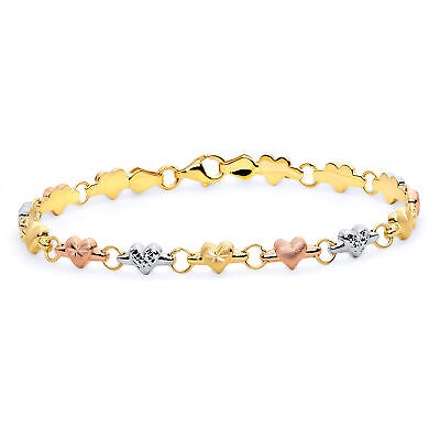 Pre-owned Wellingsale 14k Tri Color Gold Diamond Cut Heart Bracelet - 7.25"