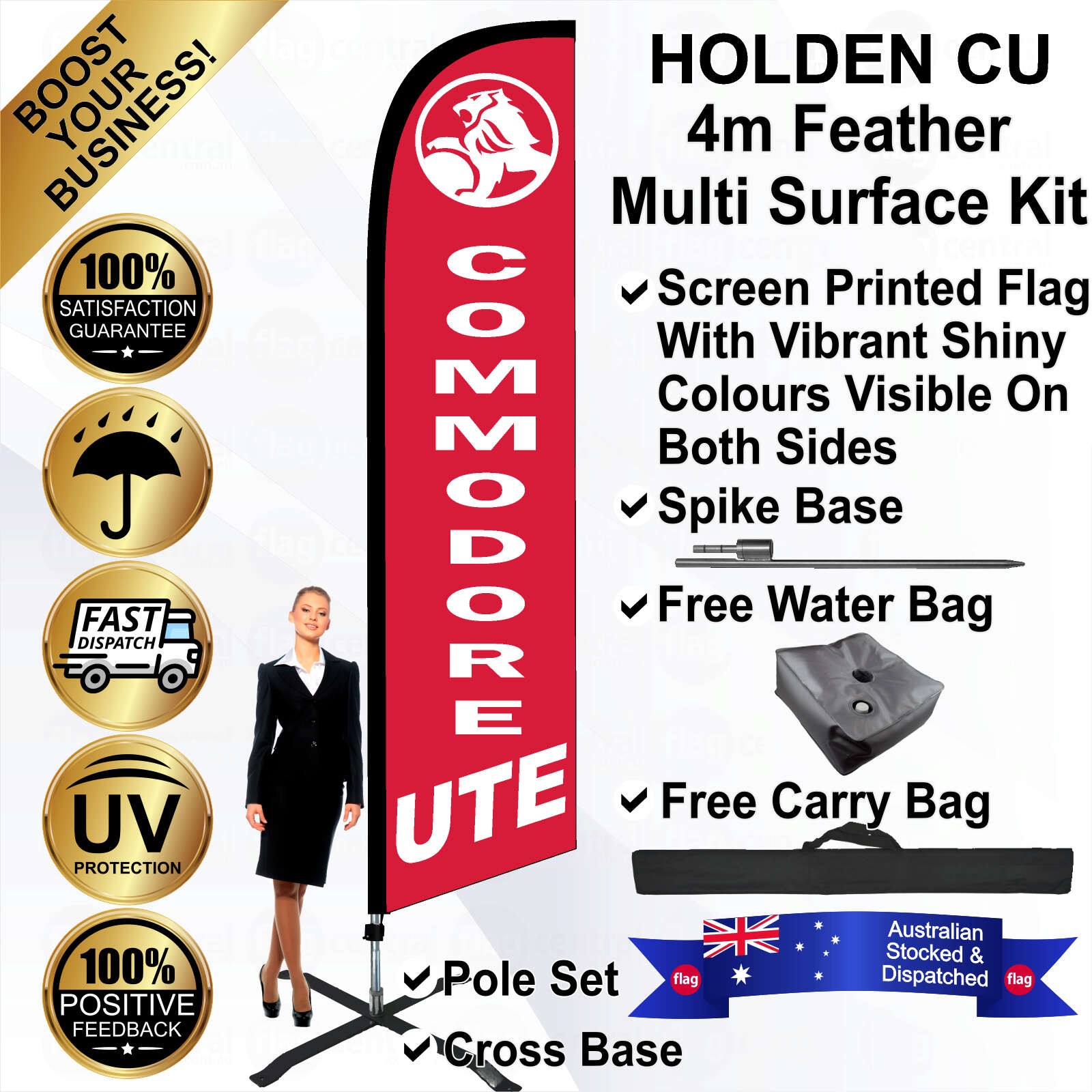HOLDEN COMMODORE UTE Red 4m Feather Flag / Banner Kit with Pole Set, Galvanised Steel Ground Spike, Steel Outdoor Cross Base, Free 15kg Water Bag and a Free Carry Bag