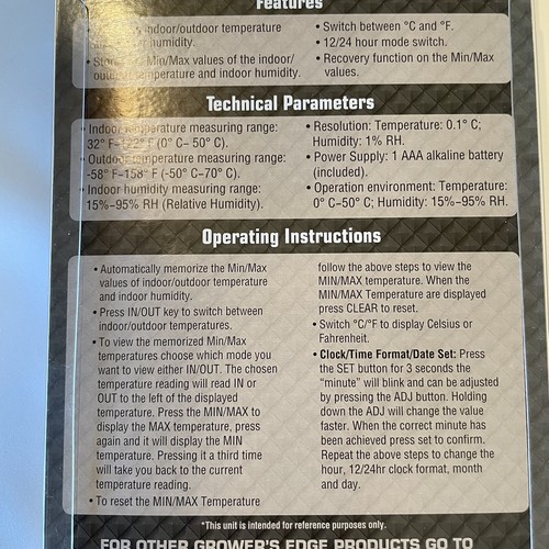 Growers Edge Digital Thermometer & Hygrometer