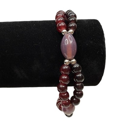 Garnet Glass Silver Toned Accents Double Strand Bead Bracelet Jewelry Wrist Sz 8