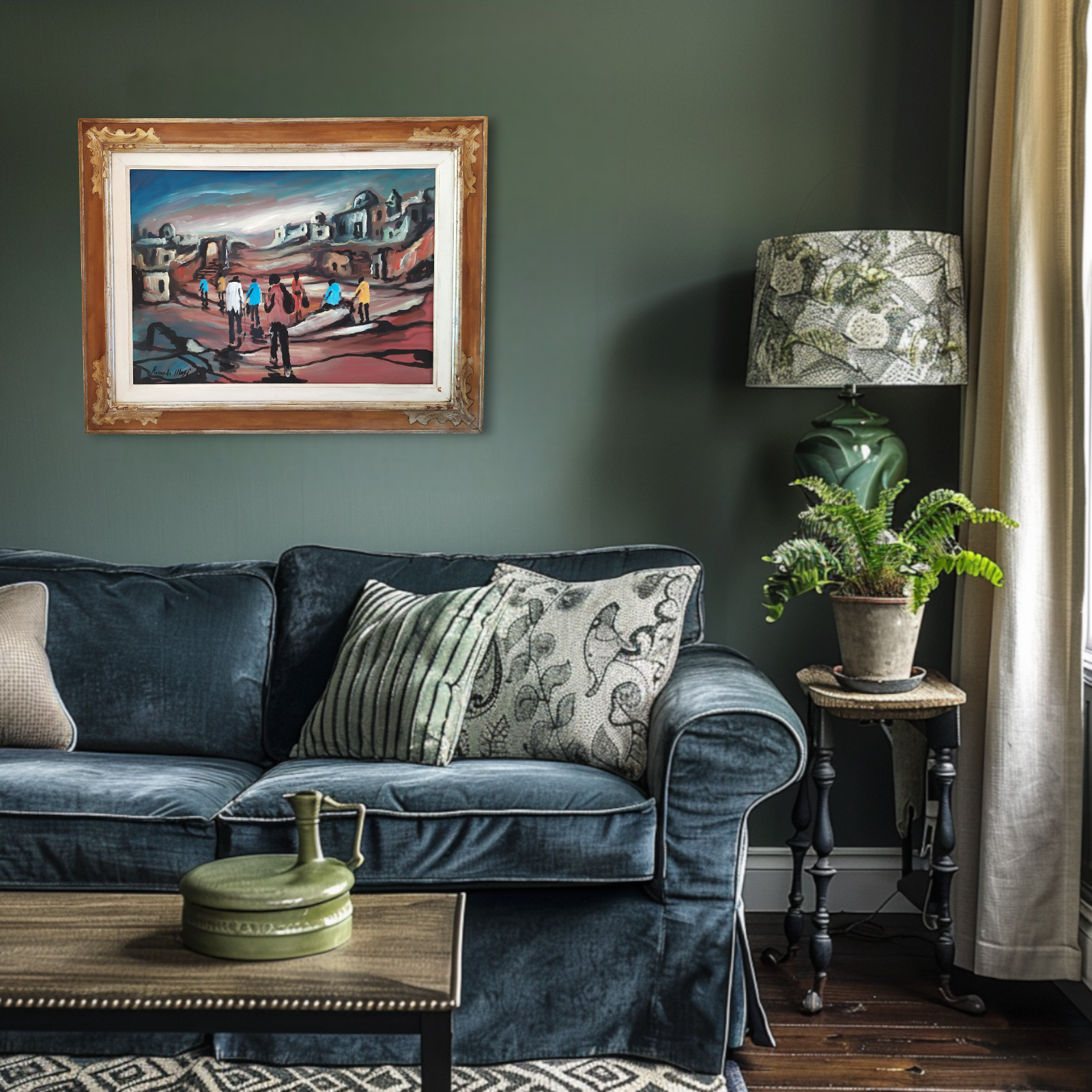 Original Italian Modern Surrealist Oil Painting Landscape with Figures signed