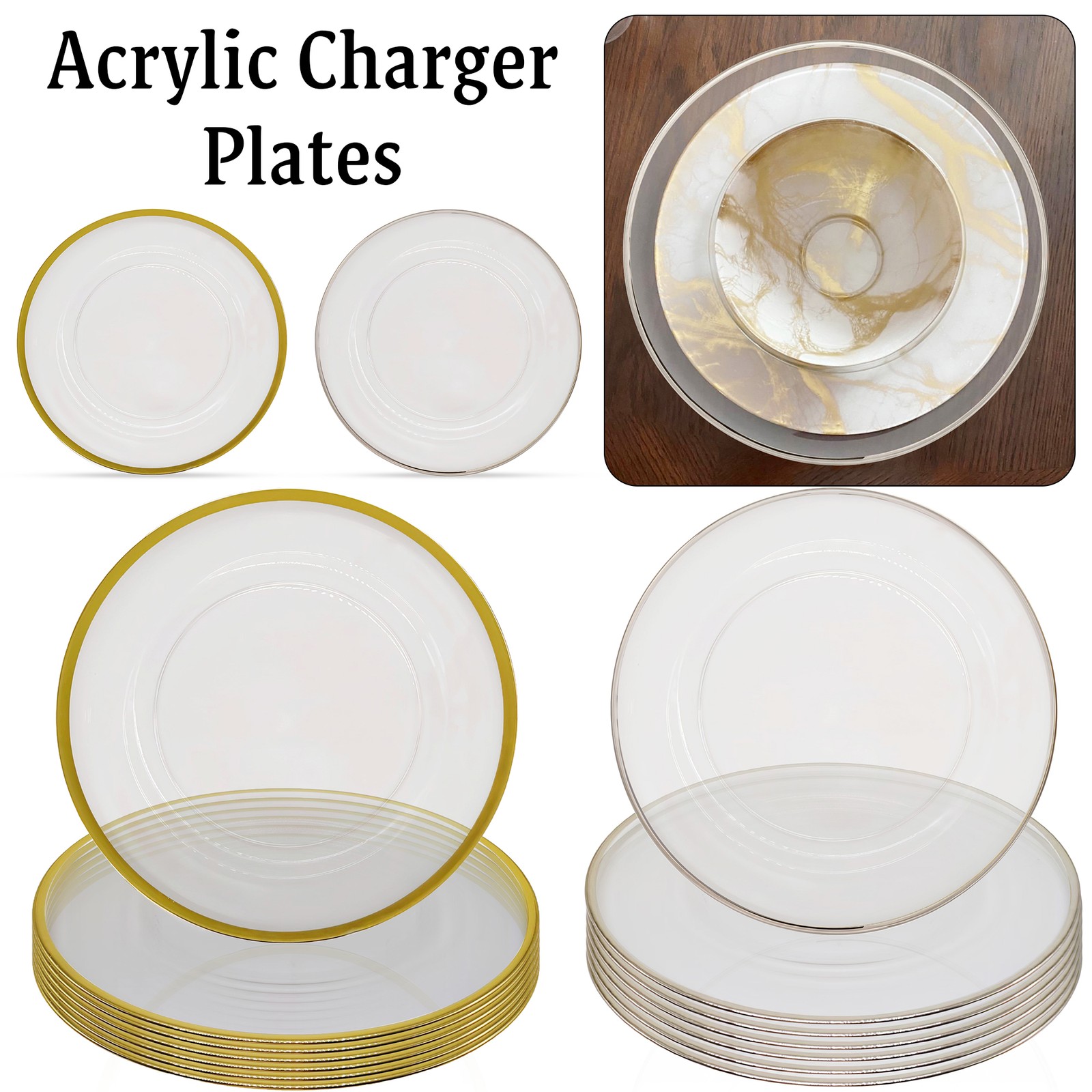 33cm Gold/ Silver Edge Clear Acrylic Charger Plates Wedding Party Decoration