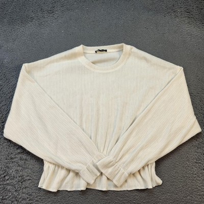 Zara Sweater Womens Large Cream Ribbed Knit Peplum Ruffle Hem Long Sleeve Top