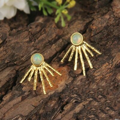 Sunshine Ethiopian Opal Gemstone Gold Plated Stud Earrings 925 Silver Earring