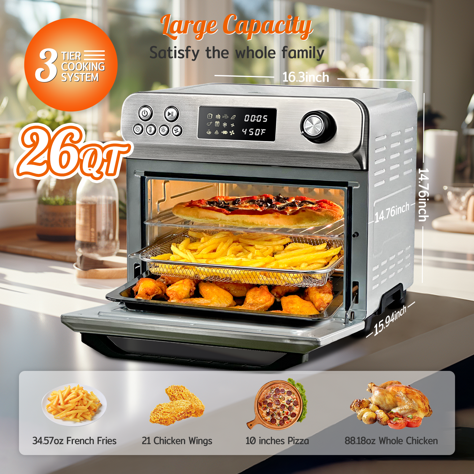 HYSapientia Air Fryer Oven 26QT Countertop Convection Toaster Ovens  XXL,1800W