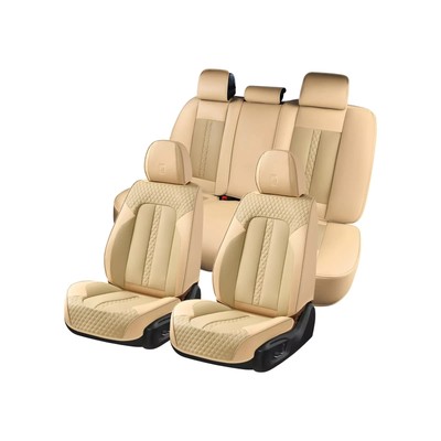 Doogo Car Seat Covers Full Set, Leather Seat Covers 5 Seats, Beige