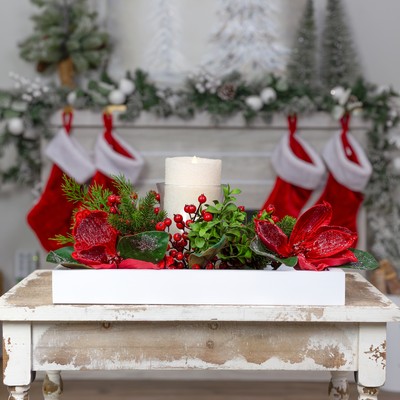 White Wooden Shiplap Serving Tray; Rustic Farmhouse Ottoman w/Black Handles
