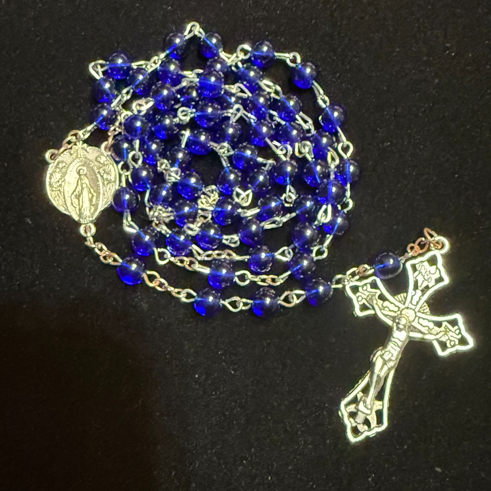 Cobalt Blue Glass Bead Catholic Rosary OL Miraculous Medal Adoring Angels