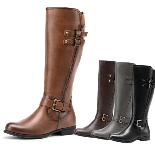 Women Motorcycle Knee High Boots Low Heel Round Toe Zip Up Riding