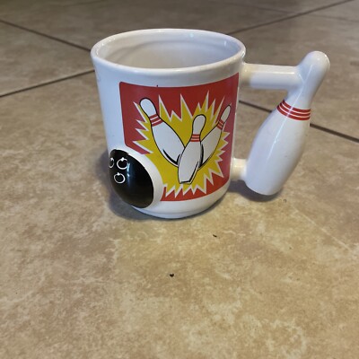 Vintage 3D Bowling Coffee Cup Mug With Pin Handle And Raised Ball Ceramic