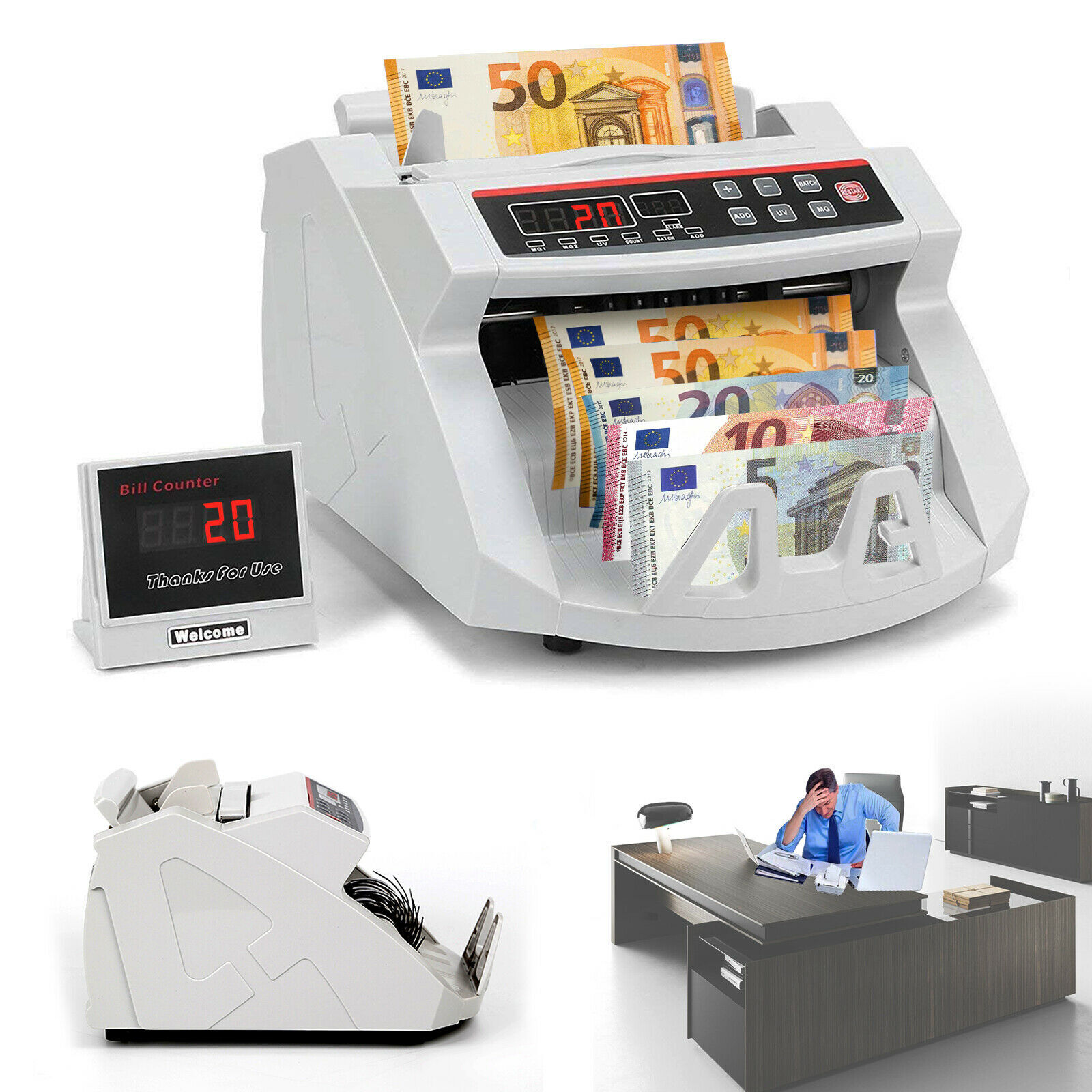RILEVATORE SOLDI FALSI VERIFICA CONTA BANCONOTE FALSE EURO ELETTRICO Display Lcd - Foto 10