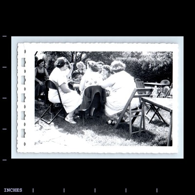 Old Vintage Photo WOMEN SITTING AROUND TABLE IN YARD
