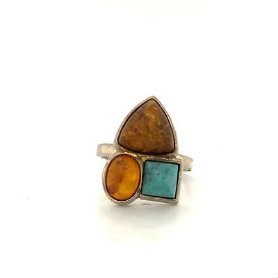 Vintage Sterling Three Stone Geometric Shape Cognac Amber Turquoise Stone Ring 6