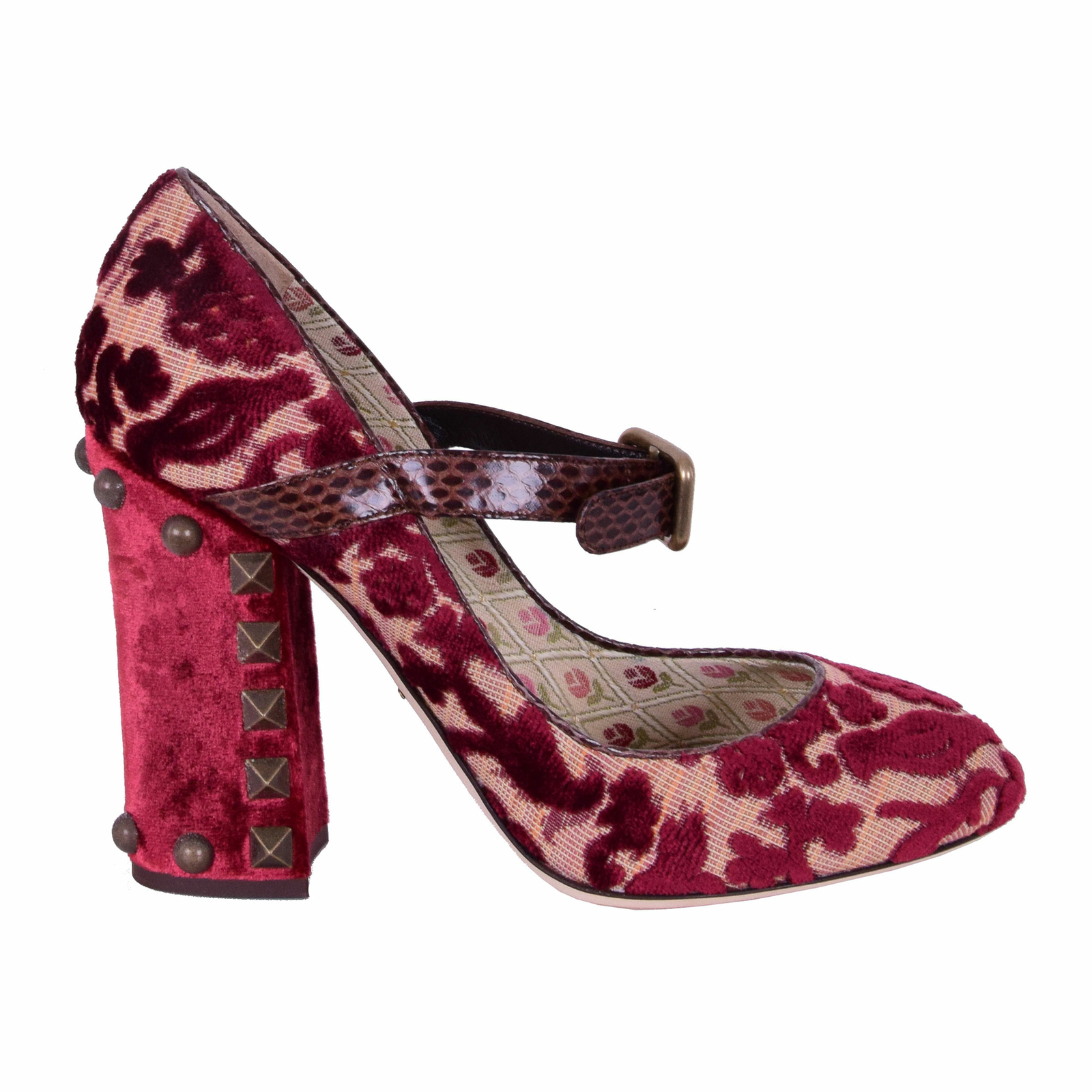 Pre-owned Dolce & Gabbana Baroque Studded Velour Mary Jane Pumps Heels Bordeaux 07830 In Red