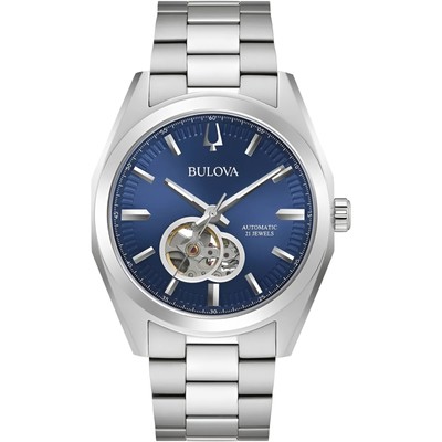 Bulova Men's Watch Surveyor Automatic Open Heart Blue Dial Silver Steel 96A275