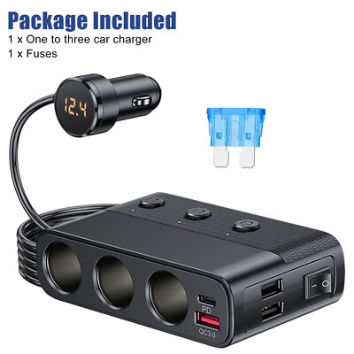 3 Way Car Cigarette Lighter Socket Splitter USB Fast Charger Power Adapter 12V