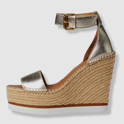$325 See By Chloè Women's Gold Glyn Espadrille Wedge Sandal Shoes Size 39