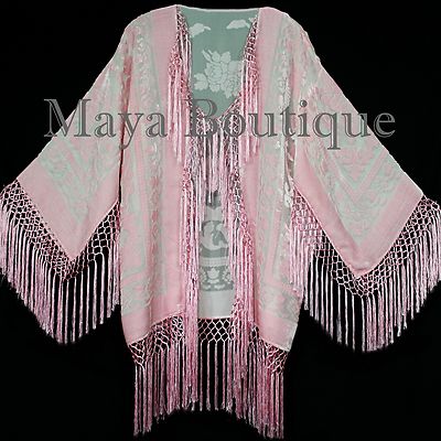 Pre-owned Maya Matazaro Rose Quartz Silk Burnout Velvet Fringe Jacket Short Kimono Us Made