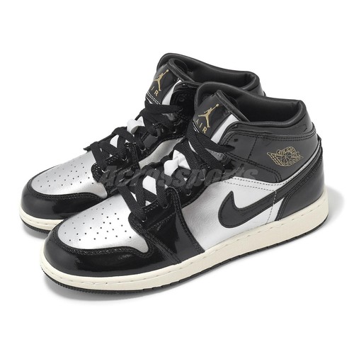 Nike Air Jordan 1 Mid SE GS AJ1 Black Metallic Silver Kids Nike Air Jordan 1 Mid SE GS AJ1 Black Metallic Silver Kids
